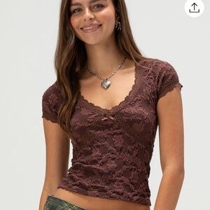 Full Tilt Brown Lace Short Sleeve V-Neck Top
